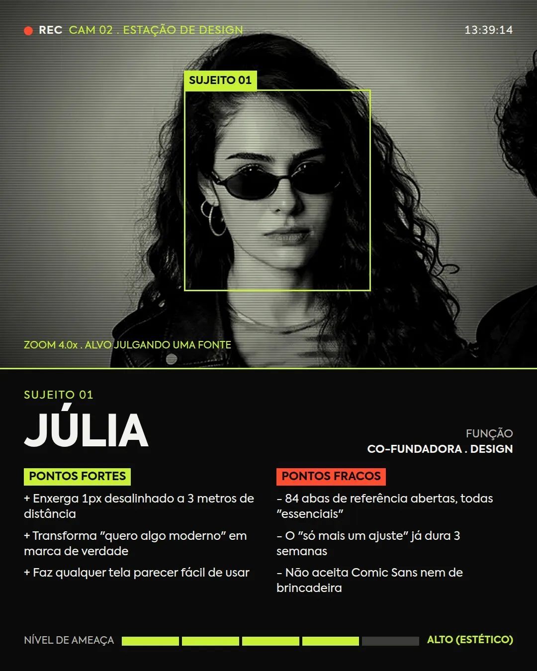 Ficha da Júlia no carrossel Arquivo confidencial