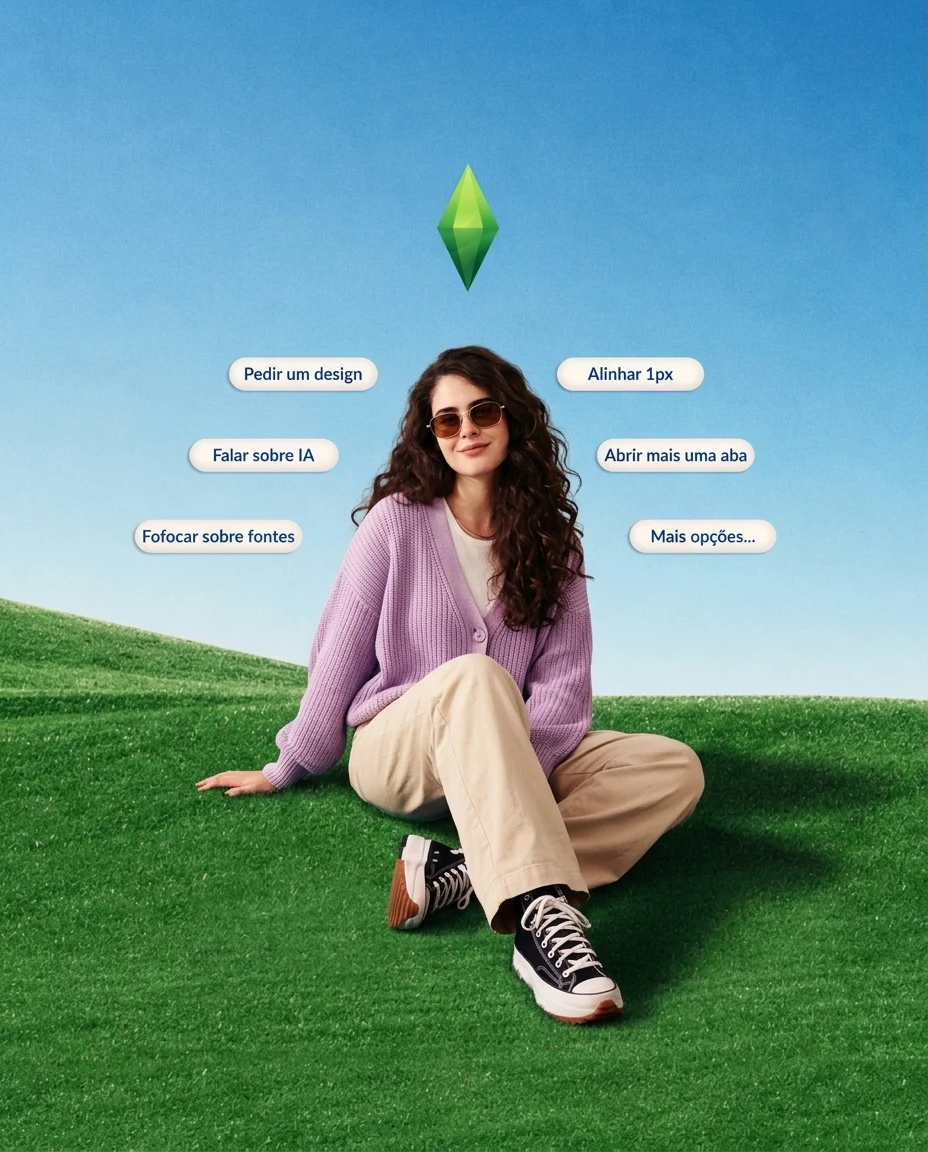 Júlia de cardigã lilás sentada numa colina verde sob céu azul, com o losango do The Sims sobre a cabeça e um menu de interação ao redor